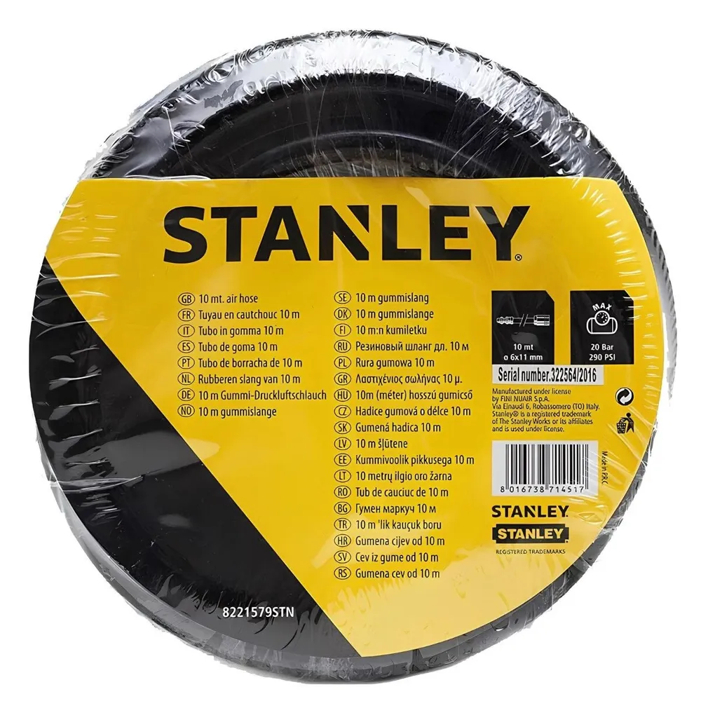 Furtun aer comprimat Stanley, 10m, 6x11mm, PVC negru, cuple rapide