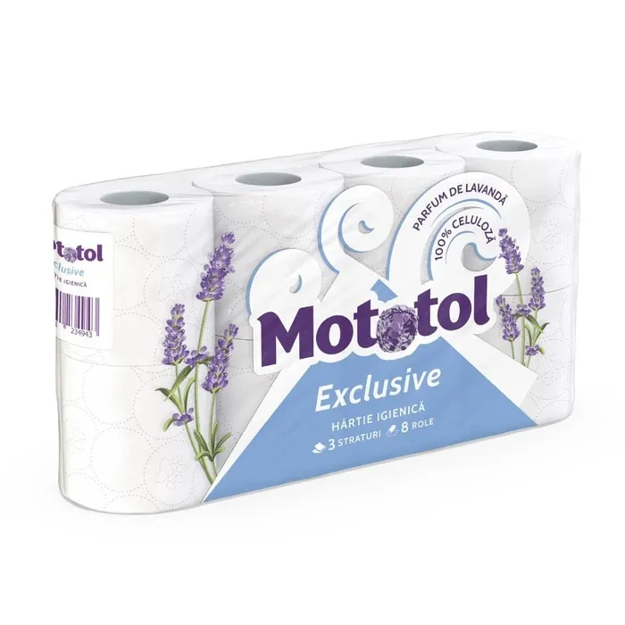 Hartie igienica Mototol, lavanda, alb + lila, 3 straturi, 8 role