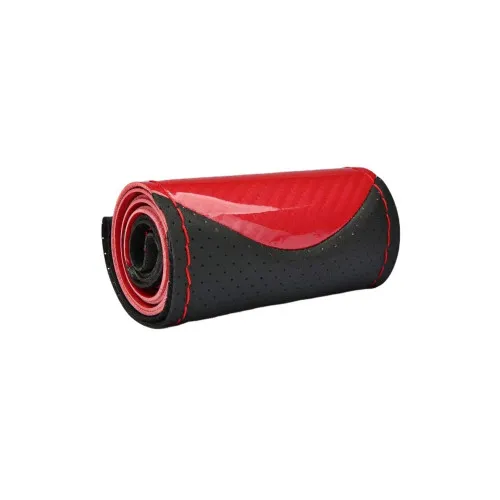 Husa volan auto cu ac si ata piele perforata rosu si carbon cusatura rosie Premium marime M 38 cm