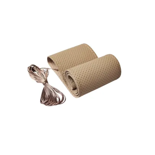 Husa volan auto din piele cu gaurele cu ac si ata bej marime M 37-39cm