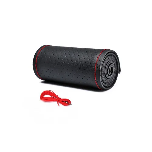 Husa volan auto din piele cu gaurele cu ac si ata negru cu cusatura rosie Premium marime M 38 cm