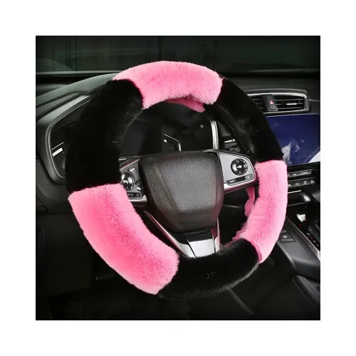 Husa volan auto extra pufoasa din plus marime M 38 cm negru cu roz — imaginea 2