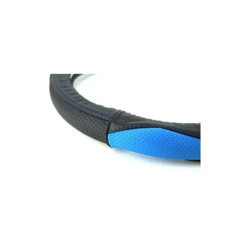 Husa volan auto piele perforata negru cu albastru marime M 38 cm — imaginea 2