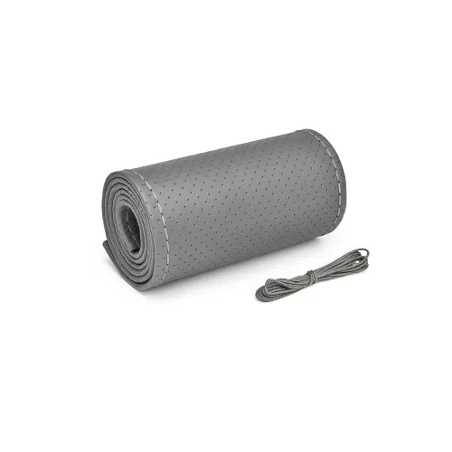 Husa volan auto piele perforata premium cu ac si ata gri cusatura gri marime M 38 cm