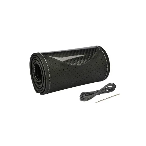 Husa volan auto piele perforata premium cu ac si ata negru carbon cusatura gri marime M 38 cm