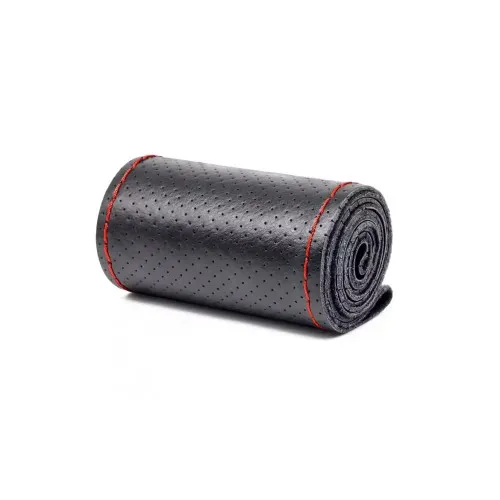 Husa volan auto piele perforata premium cu ac si ata negru cusatura rosie marime 2XL latime 11.5 cm — imaginea 2
