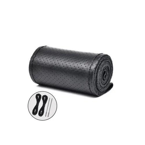 Husa volan auto piele perforata premium cu ac si ata negru marime L 41 cm latime 11.5 cm — imaginea 3