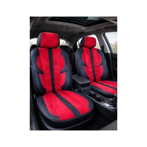 Huse scaune auto universale fractionate imitatie alcantara si imitatie piele negru rosu diverse cusaturi — imaginea 2