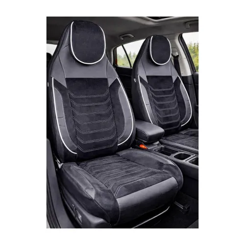 Huse scaune auto universale fractionate Premium cu tetiera fata incorporata negru cu cusatura alba