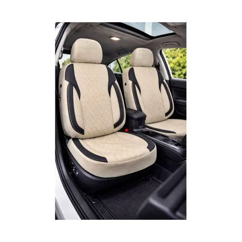Huse scaune auto universale Premium fractionate fata spate bej cu negru compatibile dimensiuni standard