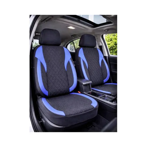 Huse scaune auto universale Premium fractionate fata spate negre cu albastru compatibile dimensiuni standard