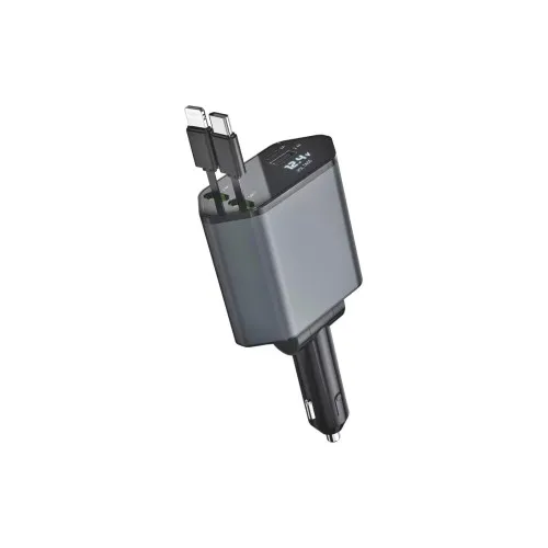 Incarcator auto 65W cu 2 cabluri retractabile Type C si Lightning USB-A si Type C negru 12-24V — imaginea 2