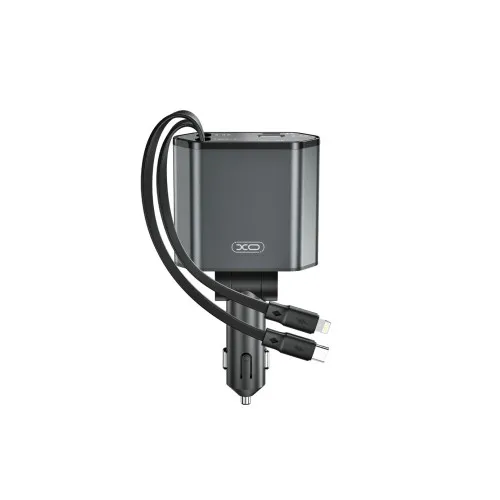 Incarcator auto 65W cu 2 cabluri retractabile Type C si Lightning USB-A si Type C negru 12-24V
