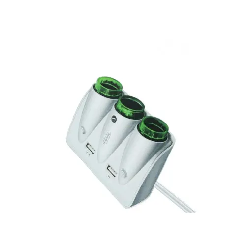 Incarcator auto cu 3 prize bricheta si 2xUSB-A 2.1A 12–24V alb