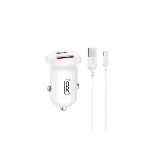 Incarcator auto mini 30W Fast Charge 2 porturi Type C si USB-A cu cablu Type C inclus alb 1 m 12-24V