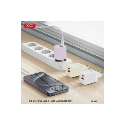 Incarcator retea GaN 30W PD cu 2 porturi USB-A si Type C cu cablu Type C inclus alb 1 m — imaginea 3