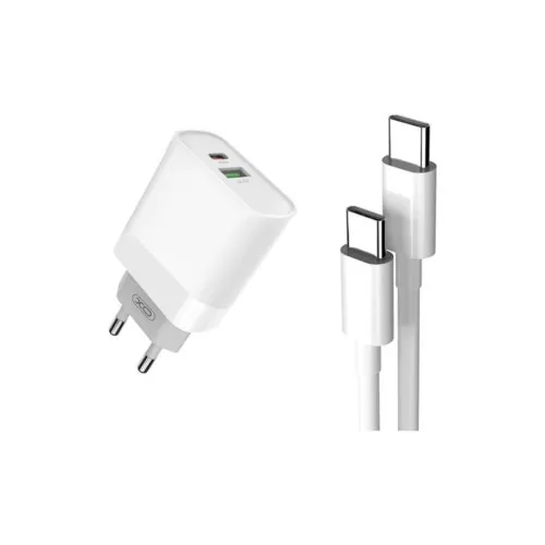 Incarcator retea XO Quick Charge QC3.0 20W cu 1 USB si 1 USB-C si cablu Type-C 1 m alb