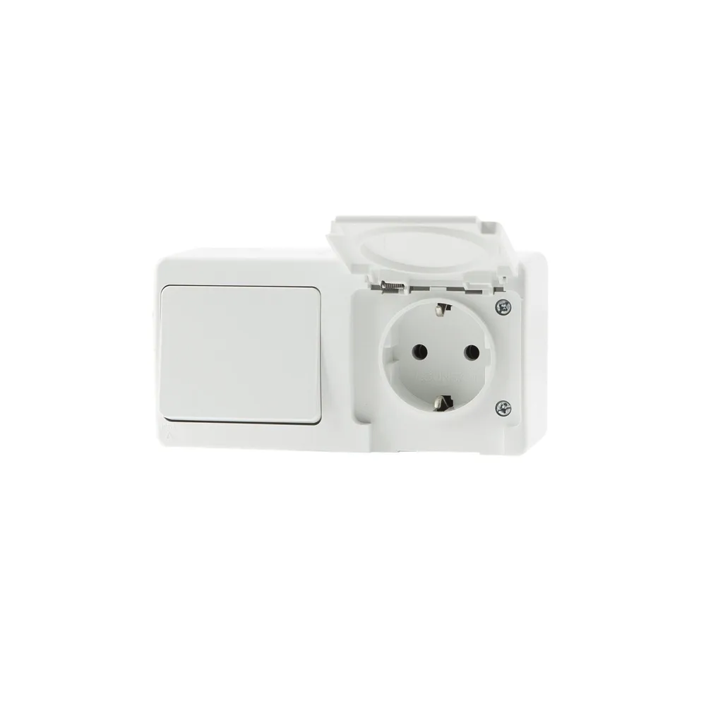 Intrerupator simplu si priza schuko simpla Gunsan Nemliyer, etans, montaj aplicat, exterior, IP54, alb