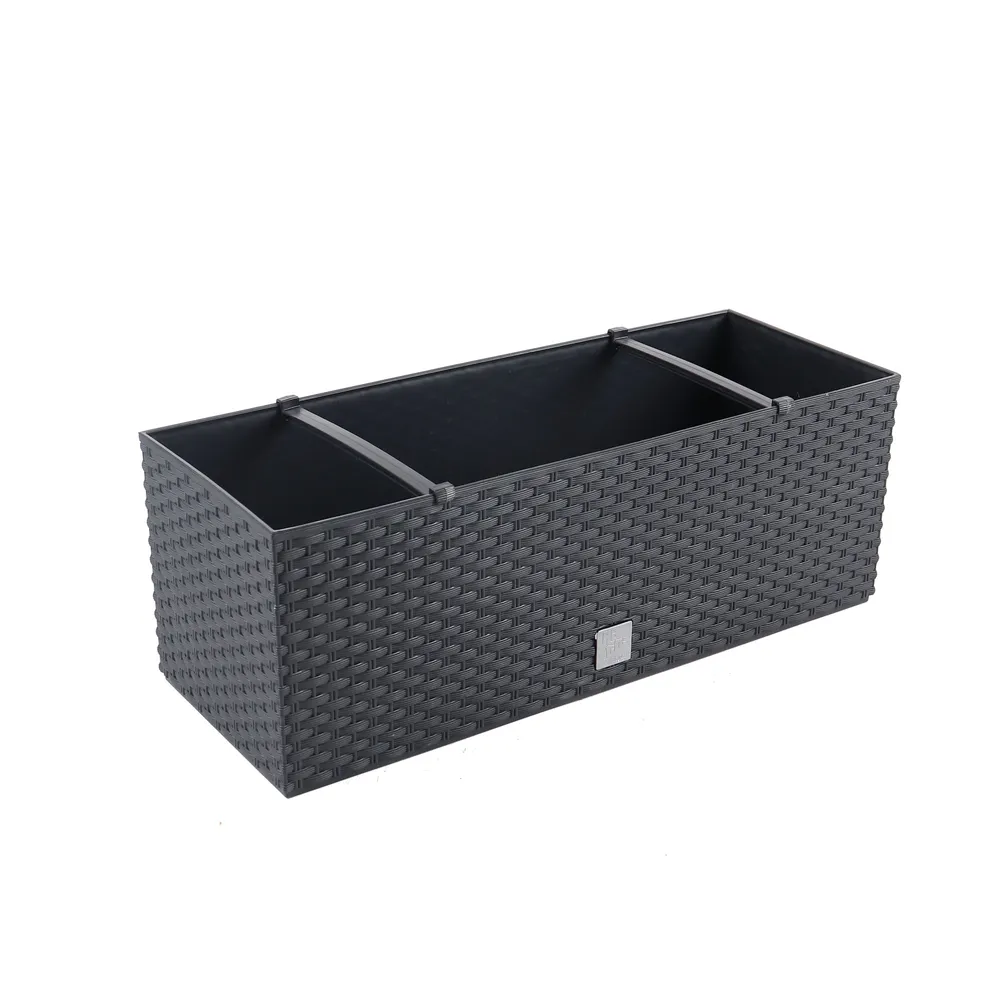 Jardiniera plastic, finisaj ratan sintetic, antracit, sistem de auto-udare, 50x19x18 cm, interior/exterior
