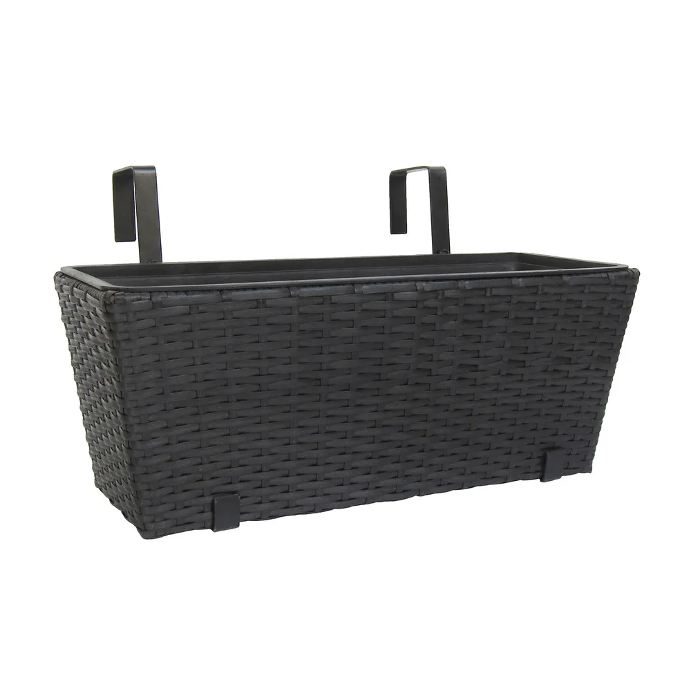 Jardiniera plastic, finisaj ratan sintetic, negru, carlige agatat, 47x20 cm, interior/exterior