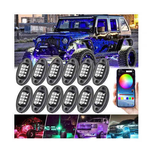 Kit lumini ambientale auto RGB Rock Light 12V 12 module 15 LED cu Bluetooth si telecomenzi