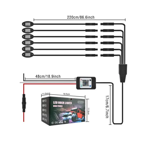 Kit lumini ambientale auto RGB Rock Light 12V 12 module 15 LED cu Bluetooth si telecomenzi — imaginea 4