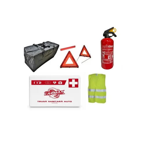 Kit siguranta auto complet trusa cutie alba 2 triunghiuri vesta geanta stingator fara manometru