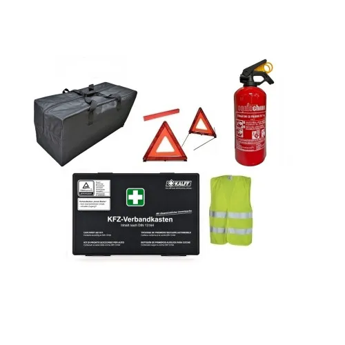 Kit siguranta auto complet trusa cutie neagra 2 triunghiuri vesta geanta stingator fara manometru