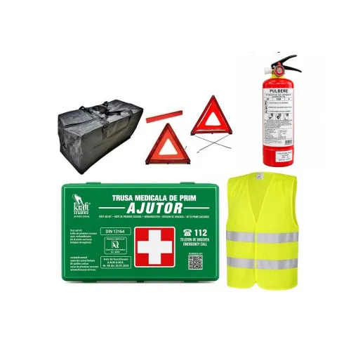 Kit siguranta auto complet trusa cutie verde omologata RAR 2 triunghiuri vesta geanta stingator A58
