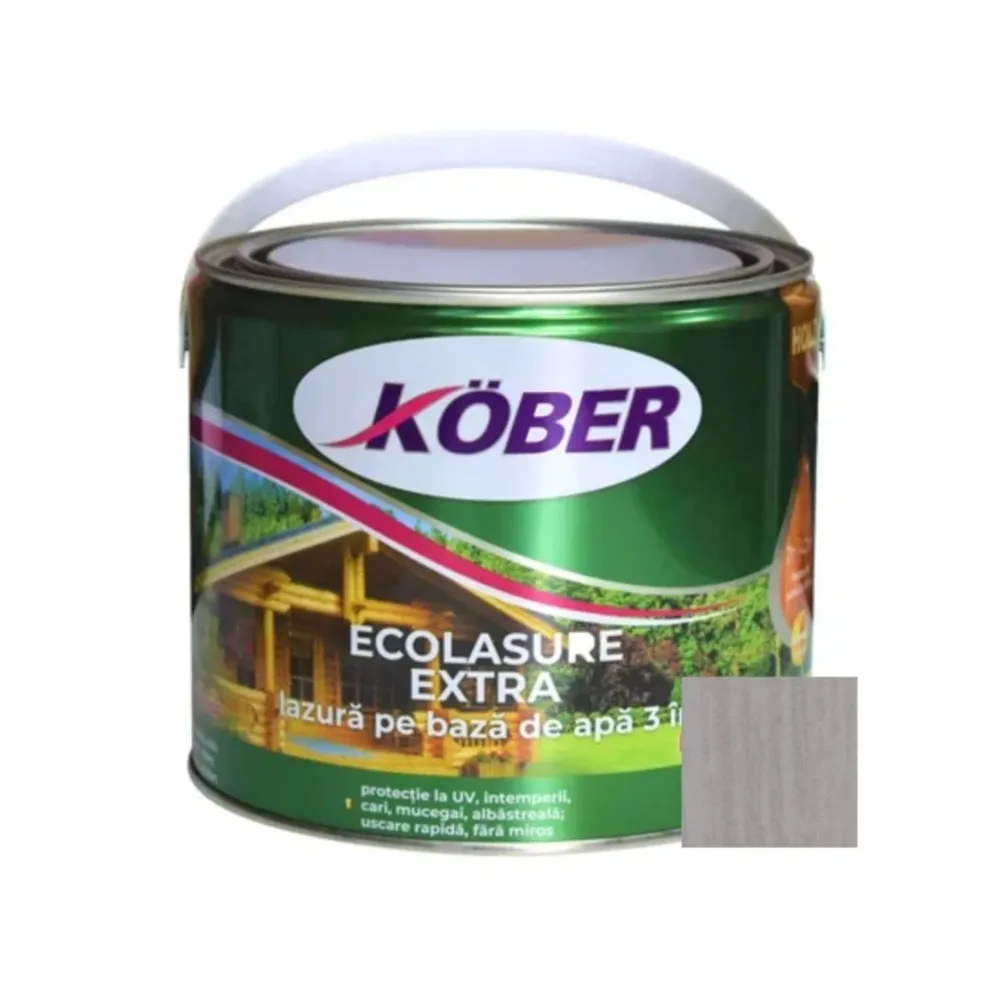 Lac / lazura 3 in 1 pentru lemn, Kober Ecolasure Extra, gri nordic, pe baza de apa, interior / exterior, 2.5 L