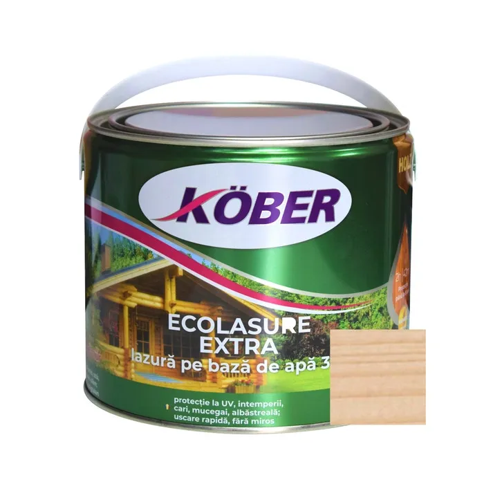 Lac / lazura 3 in 1 pentru lemn, Kober Ecolasure Extra, incolor, pe baza de apa, interior / exterior, 2.5 L