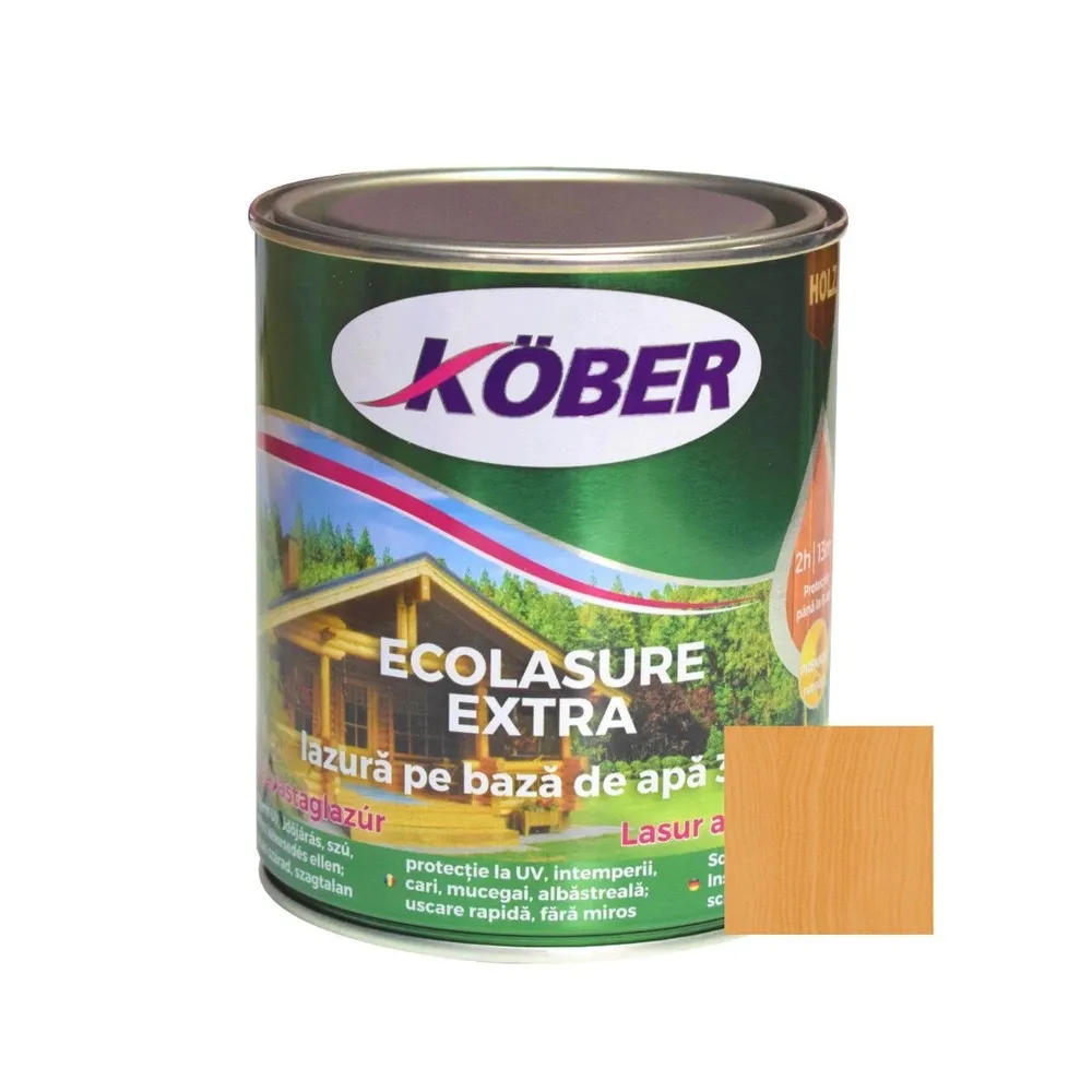 Lac / lazura 3 in 1 pentru lemn, Kober Ecolasure Extra, tec, pe baza de apa, interior / exterior, 0.75 L