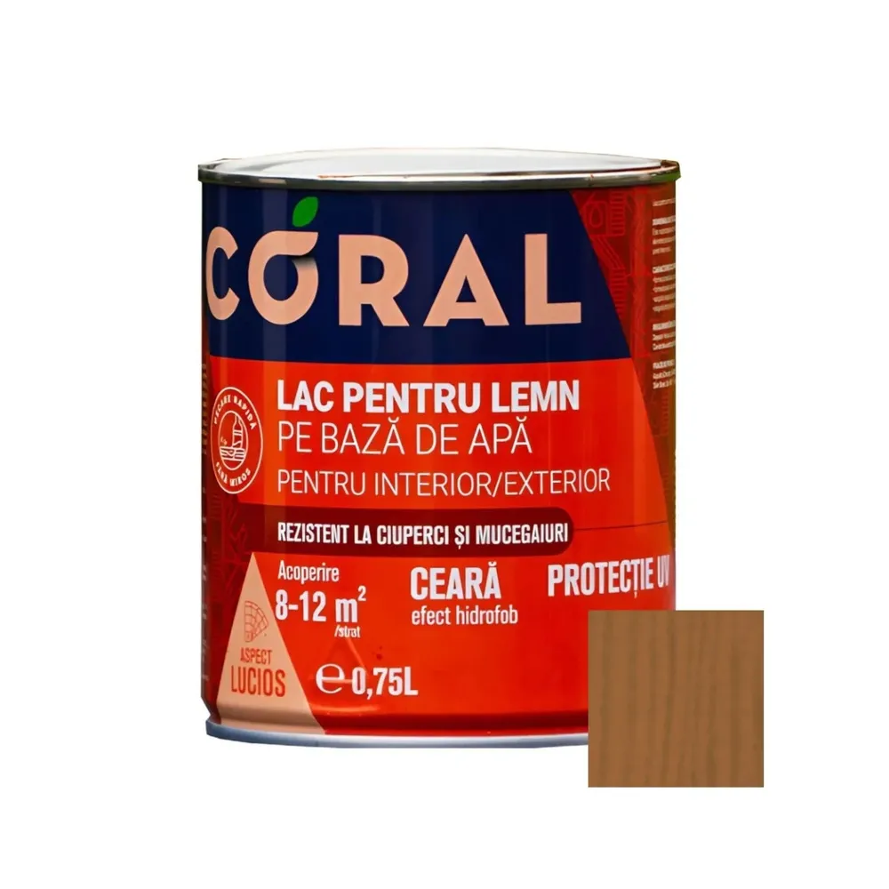Lac pentru lemn, Coral, nuc, pe baza de apa, interior / exterior, 0.75 L