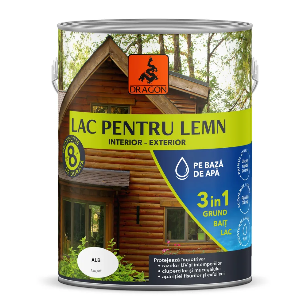 Lac pentru lemn Dragon, 3 in 1, interior/exterior, alb, 2.5 L