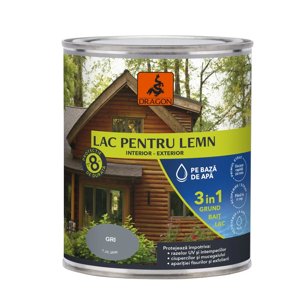 Lac pentru lemn Dragon, 3 in 1, interior/exterior, gri, 0.7 L