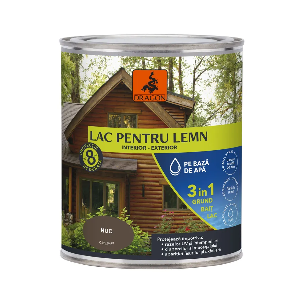 Lac pentru lemn Dragon, 3 in 1, interior/exterior, nuc, 0.7 L