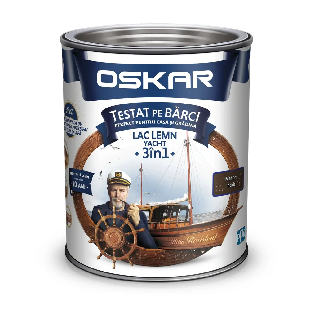 Lac pentru lemn Oskar Yacht 3 in 1, mahon inchis, interior / exterior, 0.75 L