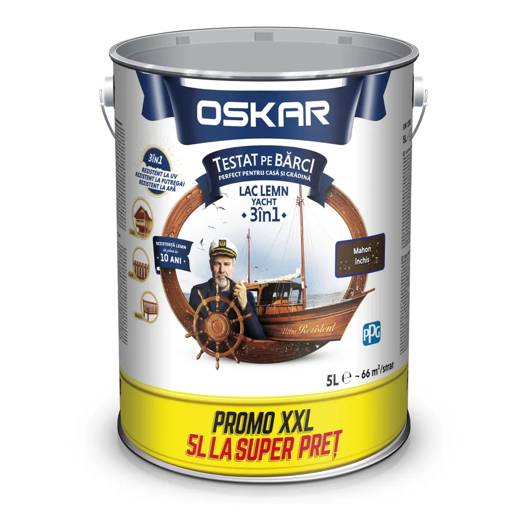 Lac pentru lemn Oskar Yacht 3 in 1, mahon inchis, interior / exterior, 5 L