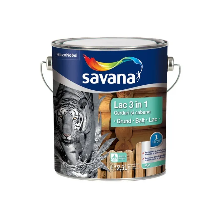 Lac pentru lemn, Savana 3 in 1 - garduri si cabane, pin antic, pe baza de apa, interior / exterior, 2.5 L
