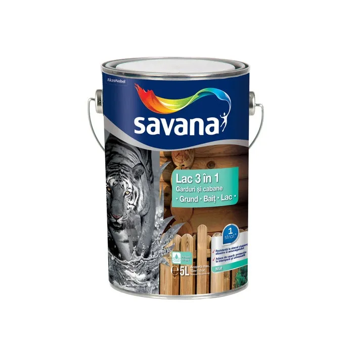 Lac pentru lemn, Savana 3 in 1 - garduri si cabane, tec, pe baza de apa, interior / exterior, 5 L
