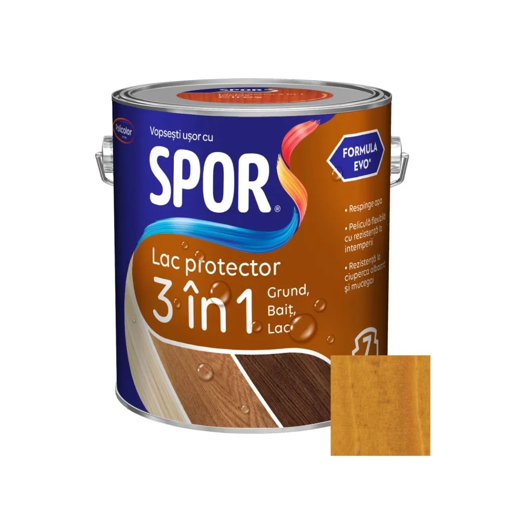 Lac protector 3 in 1 pentru lemn, Spor, stejar, lucios, interior / exterior, 2.5 L