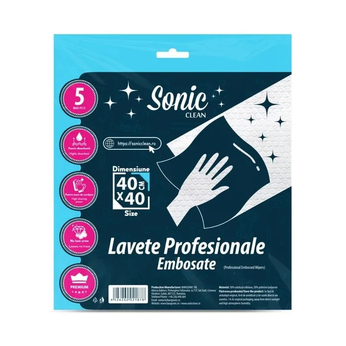 Laveta profesionala embosata, Sonic Clean, reutilizabila, alb, 40x40cm, set 5 bucati