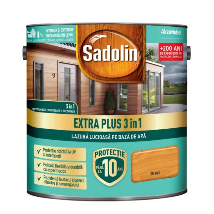 Lazura lucioasa pentru lemn, Sadolin Extra Plus 3 in 1, pe baza de apa, brad, interior / exterior, 5 L