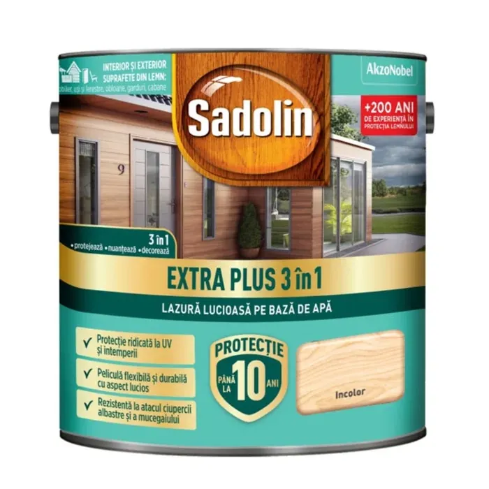 Lazura lucioasa pentru lemn, Sadolin Extra Plus 3 in 1, pe baza de apa, incolor, interior / exterior, 2.5 L