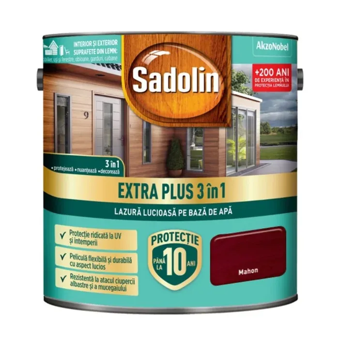 Lazura lucioasa pentru lemn, Sadolin Extra Plus 3 in 1, pe baza de apa, mahon, interior / exterior, 2.5 L