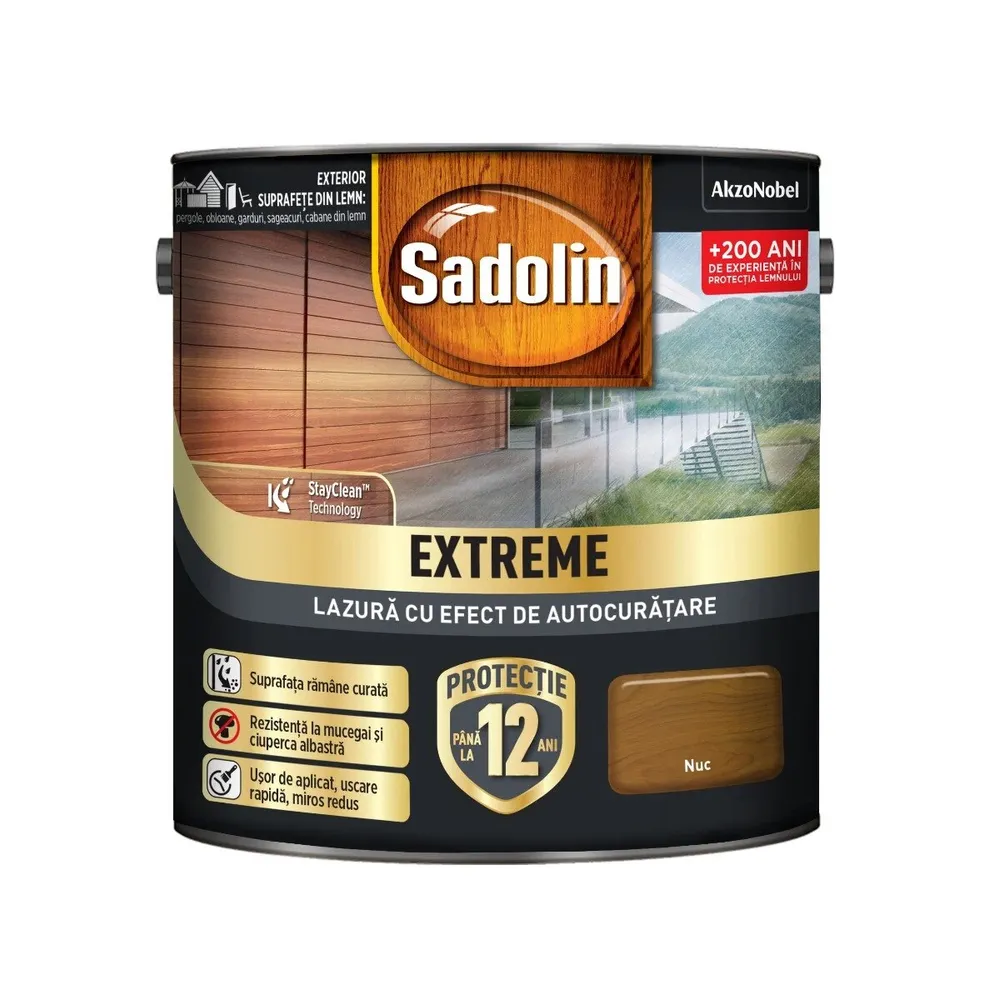 Lazura lucioasa pentru lemn, Sadolin Extreme, cu efect autocuratare, pe baza de apa, nuc, interior / exterior, 2.5 L