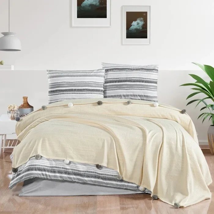 Lenjerie de pat bumbac + cuvertura, Caressa Mot, 2 persoane, crem + gri, set 5 piese