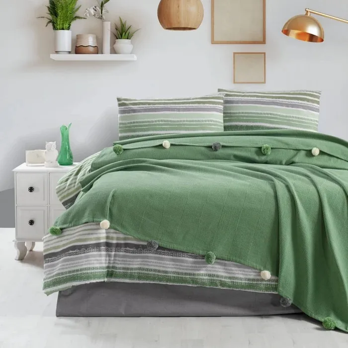 Lenjerie de pat bumbac + cuvertura, Caressa Mot, 2 persoane, verde + gri, set 5 piese