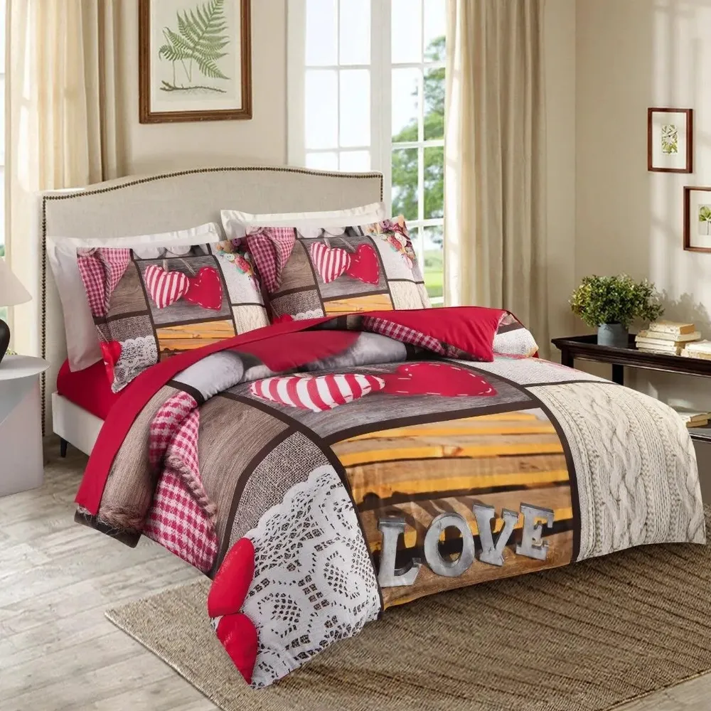 Lenjerie de pat poliester, Caressa Love, 2 persoane, multicolor, set 4 piese
