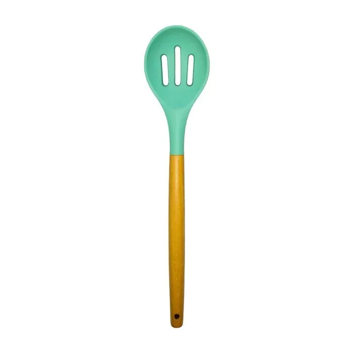 Lingura perforata YJJY04, silicon + lemn, verde, 31.7 x 6.9 cm